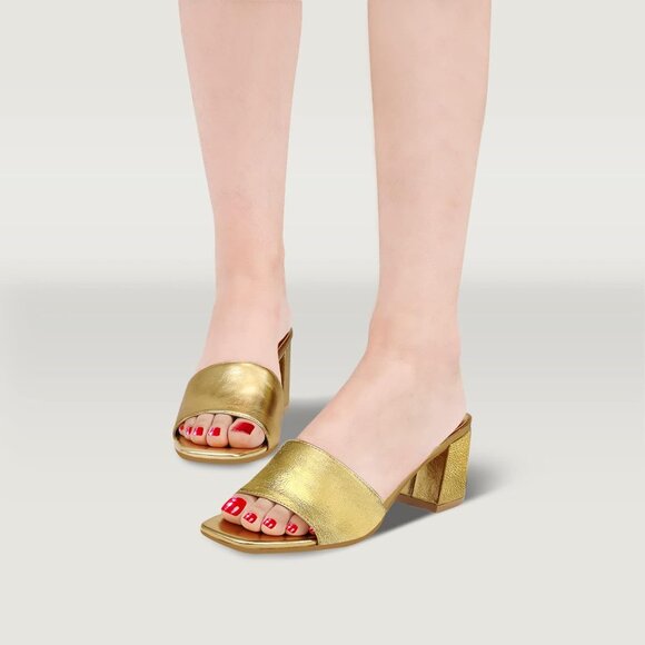 Women's Gold Low Chunky Block Square Open Toe Heeled Sandal Slip on Mules Shoes - Picture 5 of 5